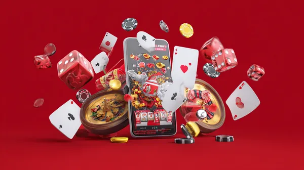 A woman smiling while playing online games on her laptop, surrounded by neon casino elements, showcasing 456BD’s diverse game collection.