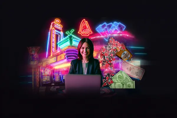 A woman in a luxurious green gown next to an ornate roulette wheel, capturing the upscale casino mood of 456BD.